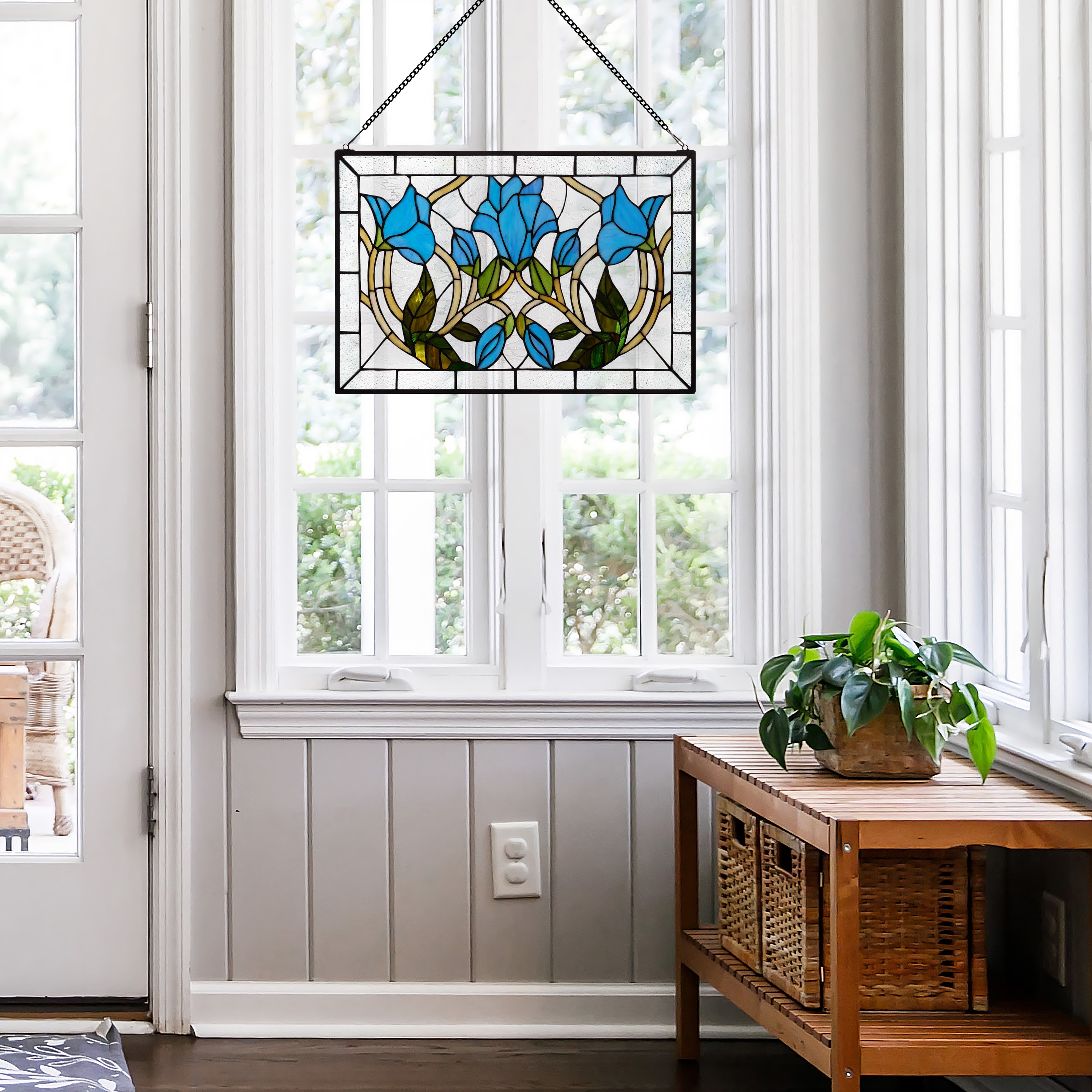 River of Goods 16-in H Blue Floral Vines Multicolored Tiffany-Style Stained Glass Window Panel - 24" x 0.25" x 16"