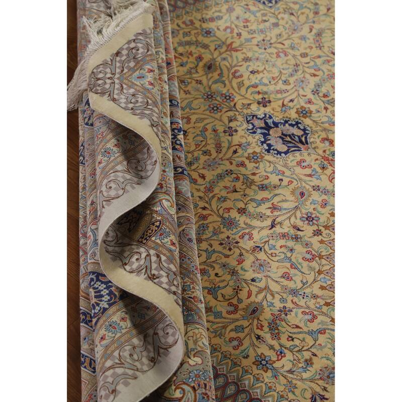 Hand Knotted Oriental 100% Silk Carpet Traditional Floral Yellow & Gold Qum Area Rug - 10' 2'' X 6' 5''