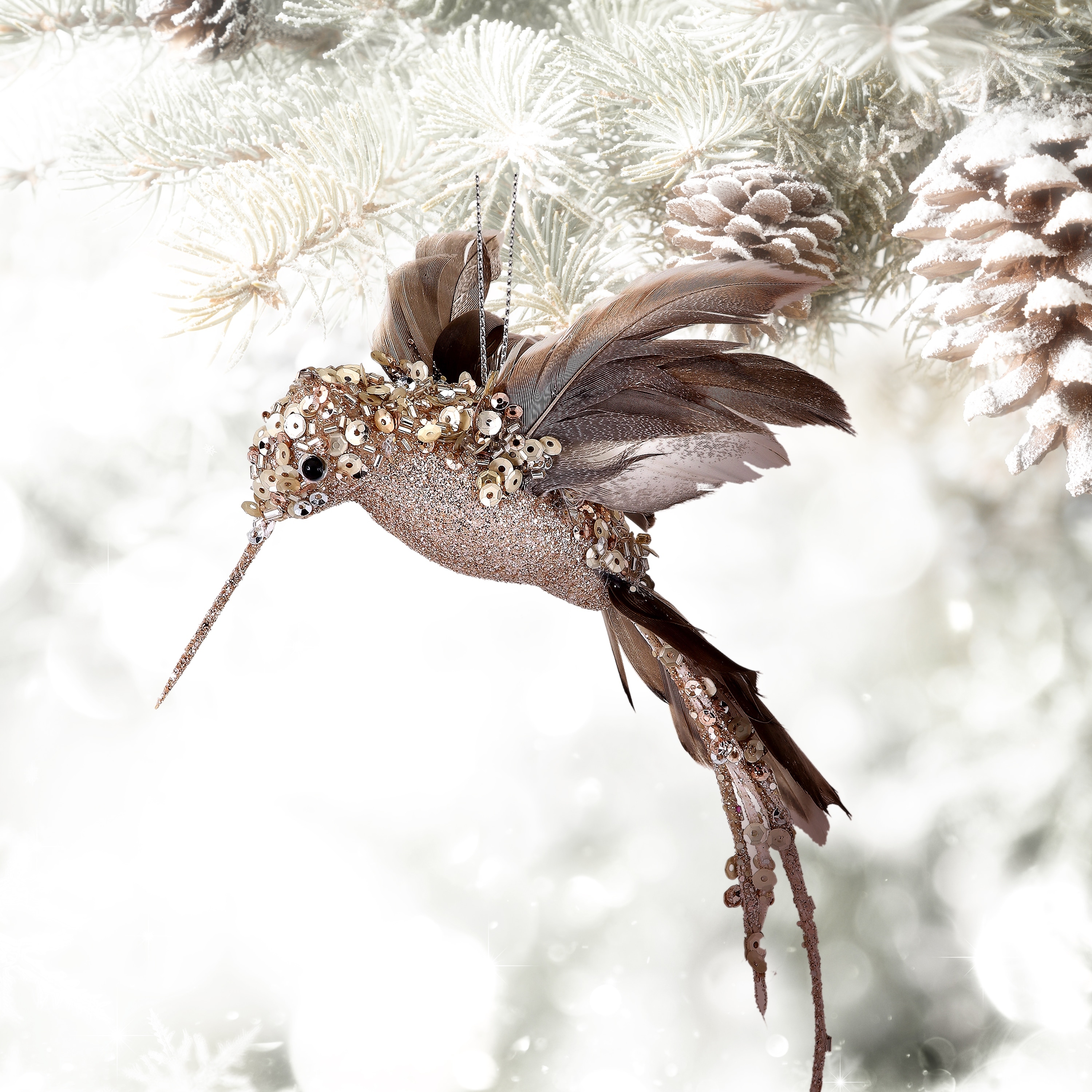 8" Hummingbird Ornament Set of 6 Beaded, Glitter, Sequin