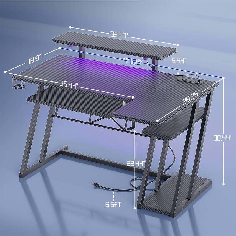 Gaming Desk with Shelves and Outlets, L Shaped Computer Desk with LED Lights