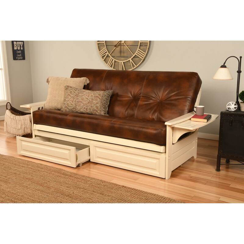 Somette Phoenix Futon Set in Antique White Wood with Innerspring Mattress and Storage Drawers - Oregon Trail Saddle