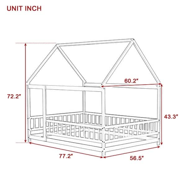 dimension image slide 0 of 2, Twin / Full Size Wooden House Bed with Fence and Roof bed Frame, Montessori Style Floor Bed for Kids