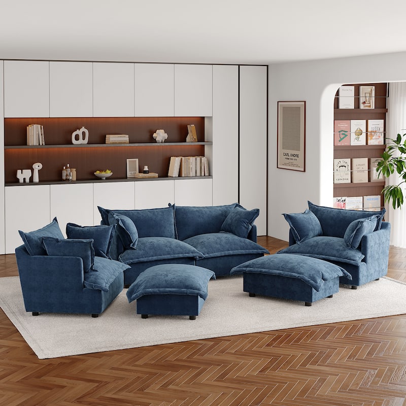 Double Layer Cushion Comfy Cloud Modular Sectional Sofa Set - 6 piece-Navy - Symmetrical
