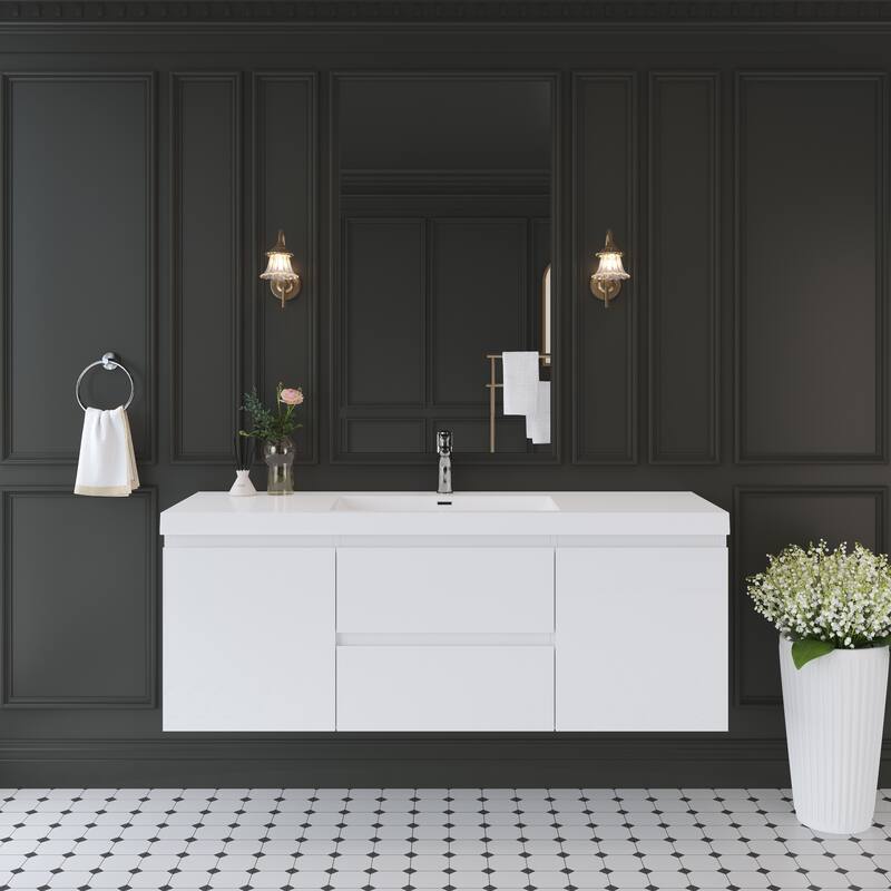 Modern Wall-Mounted Bathroom Vanity with White Solid Surface Top - White - 59.06'' x 19.69'' x 22.44''