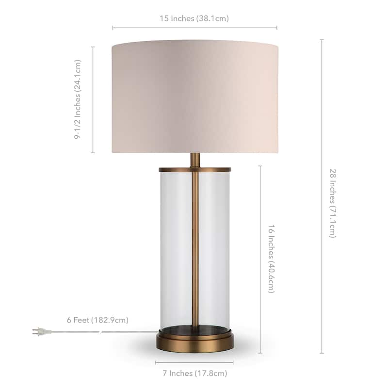 Reeves Cylindrical Clear Glass & Antique Brass Table Lamp with Linen Shade