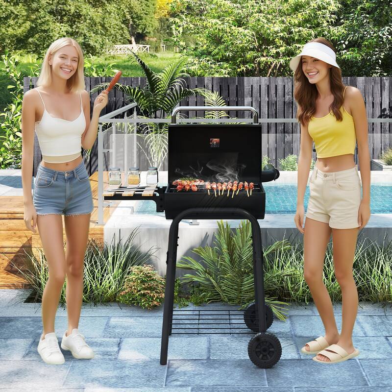 Gymax Barrel Charcoal Grill w/Foldable Side Table Built-in Thermometer