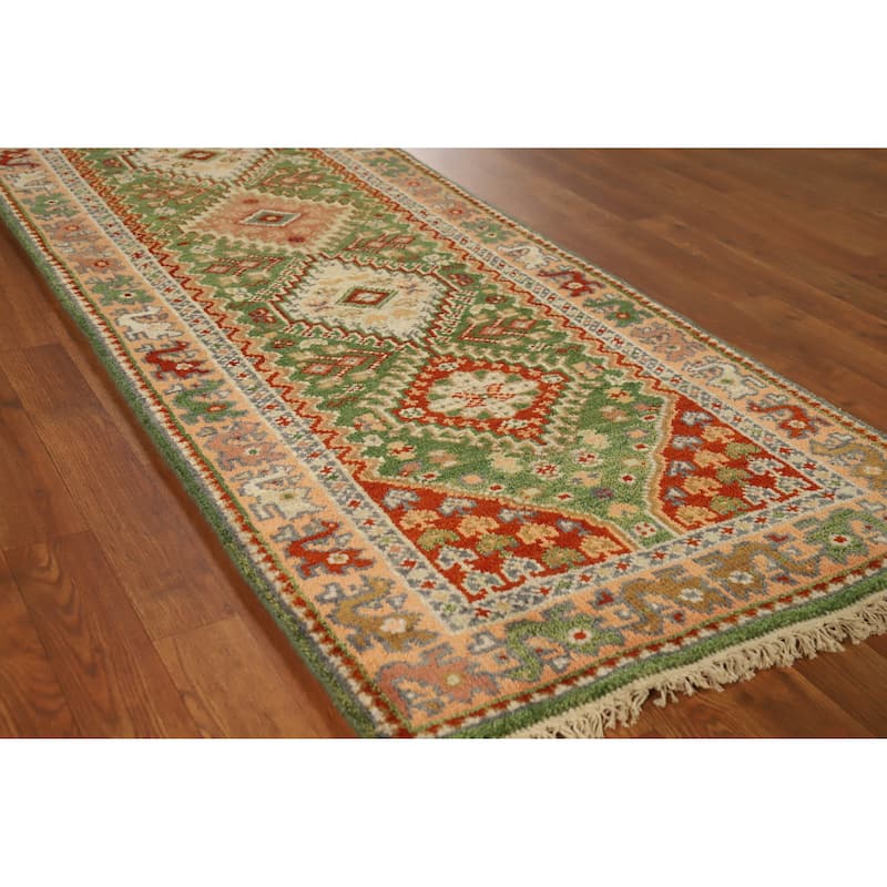 Geometric Heriz Serapi Indian Runner Rug Green Handmade Wool Carpet - 2'7" x 8'0" - Green - 2'7" x 8'0"