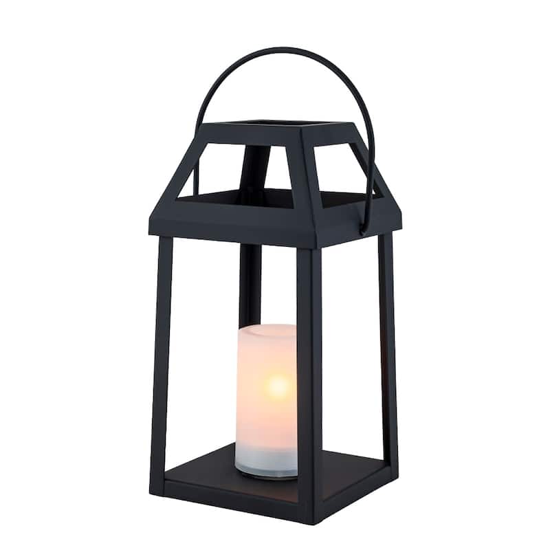 H13” Solar Outdoor Lantern with Flickering Candle Modern Metal Solar Lantern with Handle Hanging Light for Garden Deck - W7''