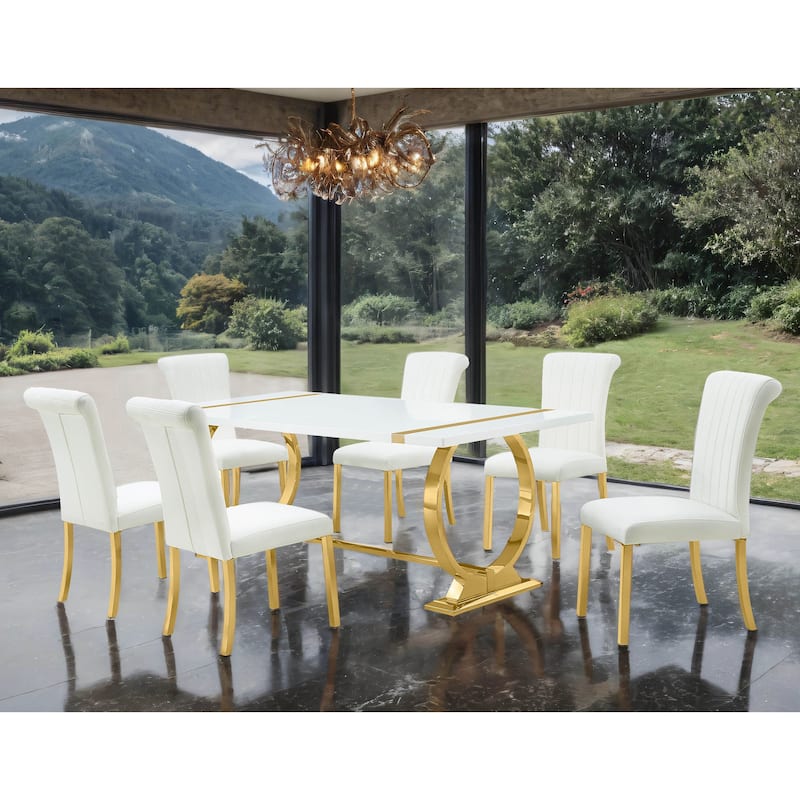 Furniture of America Carra Modern 7-Piece Stainless Steel Dining Table Set - Gold/White