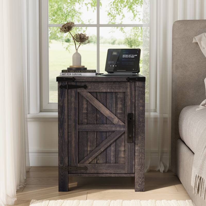 Farmhouse Nightstand with Charging Station, End Table with Barn Door