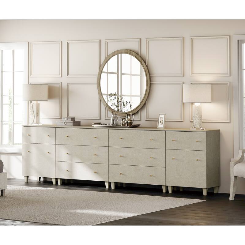 Wood Dresser with 8 Drawers and 2 Cabinets for Bedroom, 118" Wide - Beige