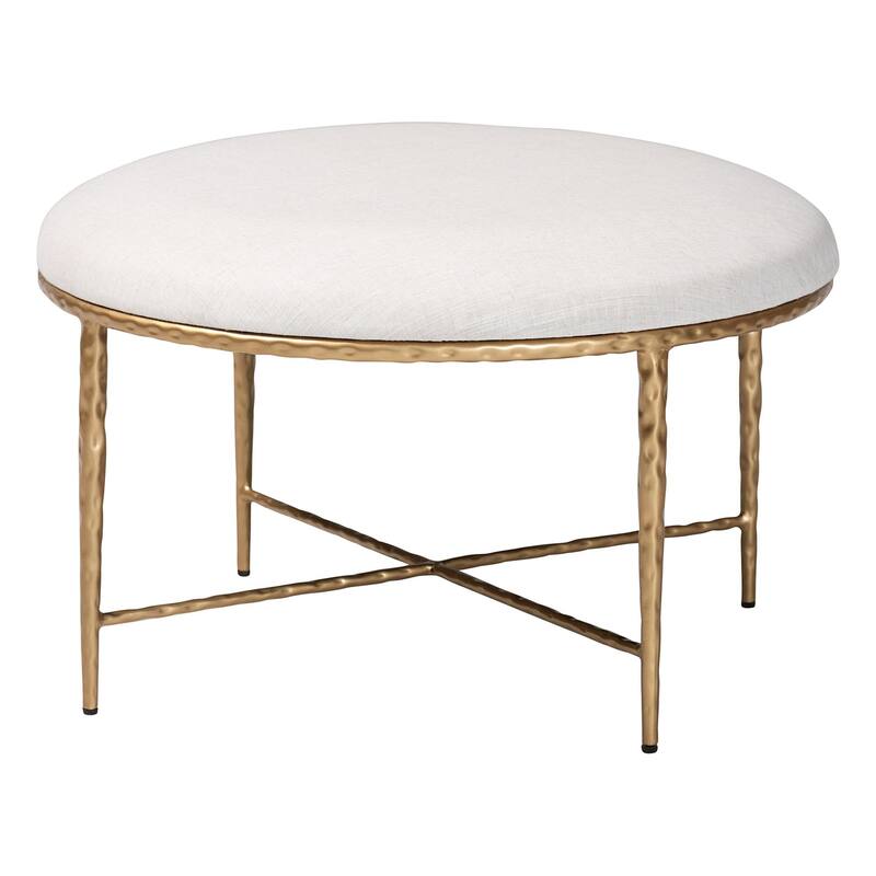 Fumiye Ottoman - Modern Rustic Accent Stool with Hand-Forged Metal Frame and Upholstered Seat for Living Room or Sitting Room - Ivory/Gold - Round 30"