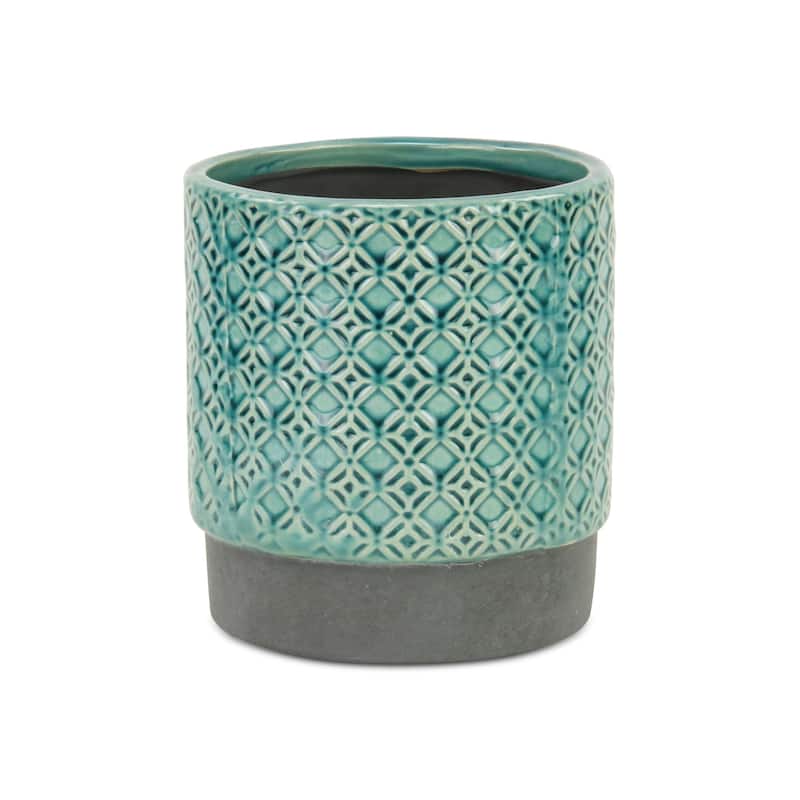 HomeRoots 6" Turquoise Geometric Ceramic Indoor Outdoor Round Pot Planter