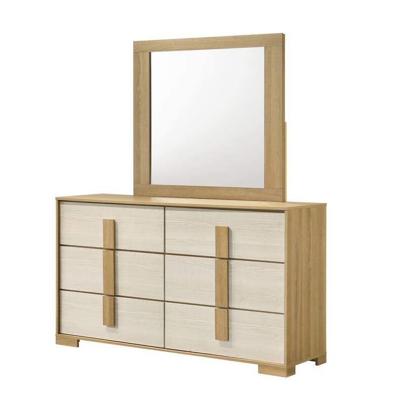 Boone Natural White Wood Slim 6 Drawer Dresser with Mirror