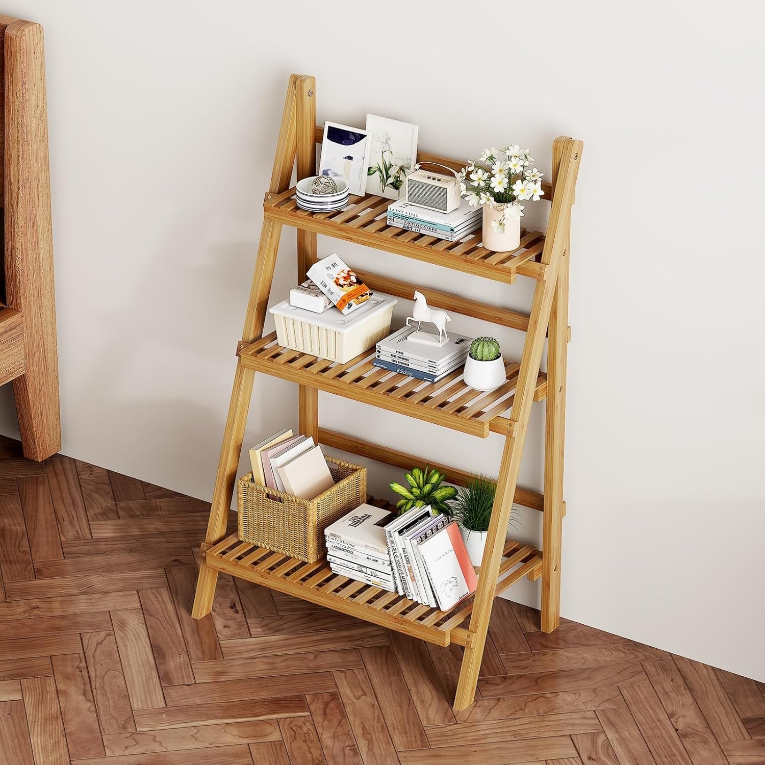 Foldable Bamboo Ladder Shelf, 3 Tier, 23.6 x 15 x 39.4 Inches