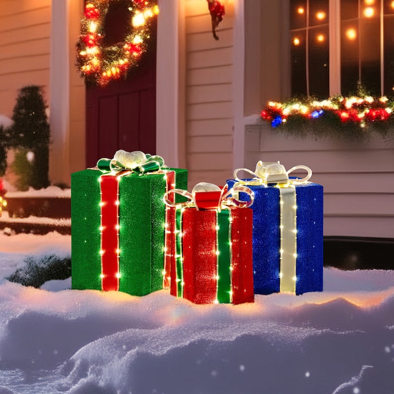 Christmas lights Festive Holiday Decoration with Lights for Indoor & Outdoor - 3 pieces Lighted Gift Box