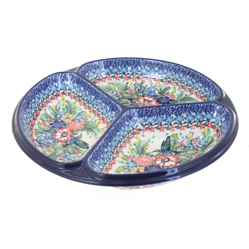 Blue Rose Polish Pottery 484 Ceramika Artystyczna Three Part Divided Dish - Hummingbird