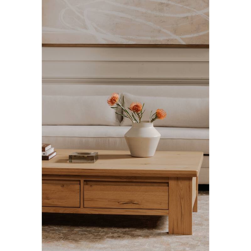 NADAAL STUDIOS Mareth Coffee Table, Rectangular Rustic Oak Top with Rounded Edge, Solid Oak Legs Dual-Sided Drawers, Natural