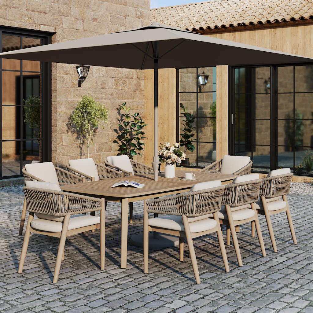 9-Piece Outdoor Dining Set Acacia Wood Rope-Woven Arm Chairs and Umbrella Hole Dining Table U-shaped Backrest