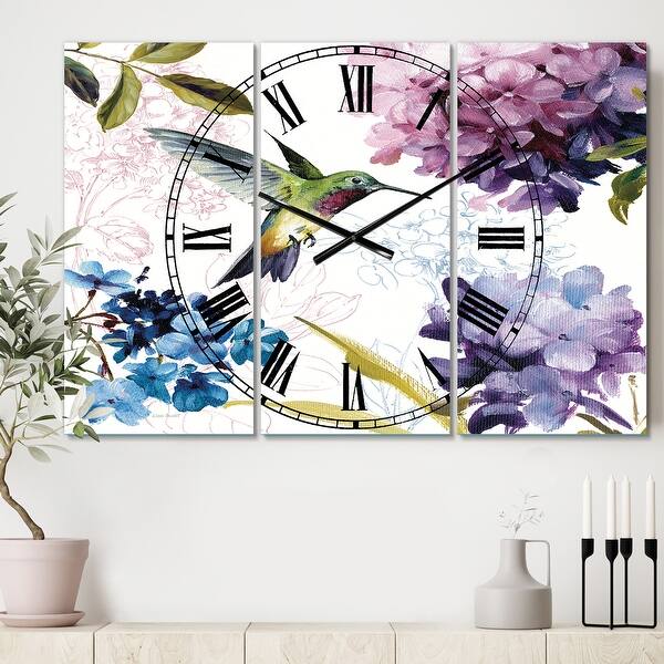 slide 2 of 6, Designart 'Spring Nectar Square II' Cottage 3 Panels Oversized Wall CLock - 36 in. wide x 28 in. high - 3 panels