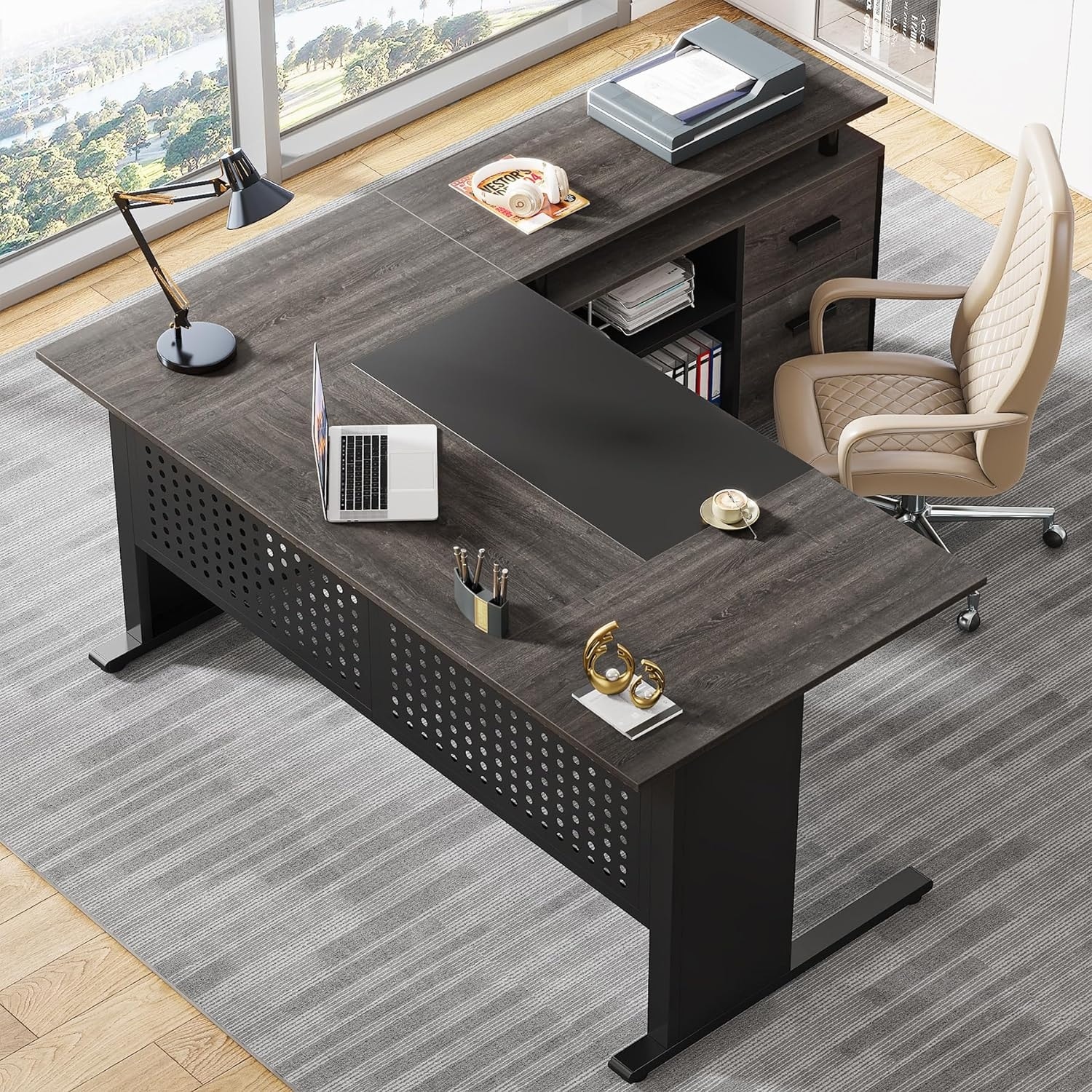 63 Inch Executive Desk with File Cabinet, Large Office Desk L Shaped Computer Desk