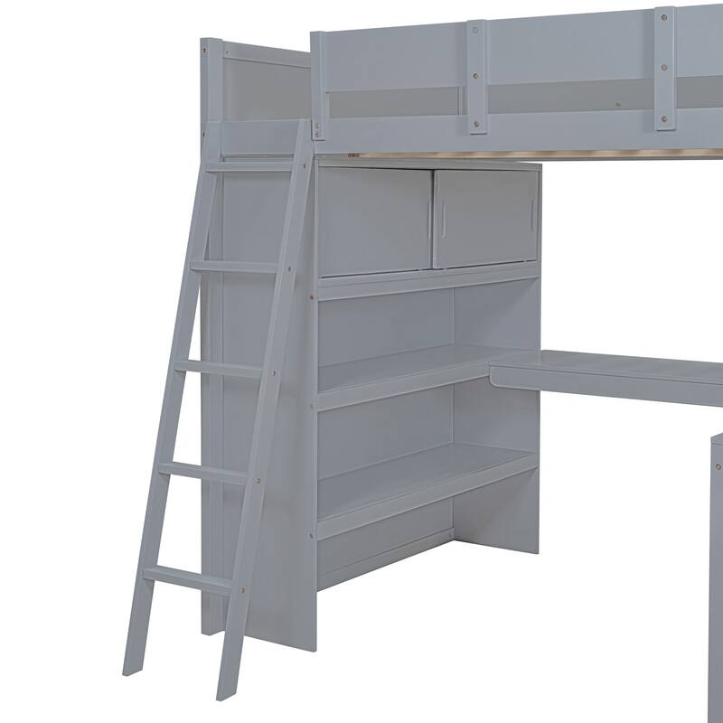Full Size Loft Bed with Desk and Shelf in Gray and White