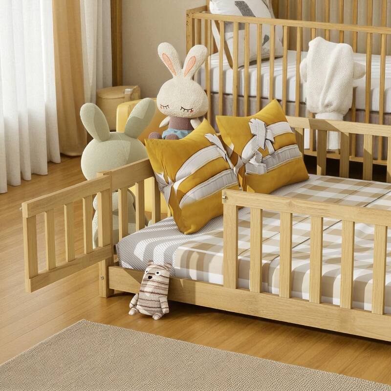 Full Size Rubber Wood Floor Bed with Fence, Door and Safety Guardrails for Kids