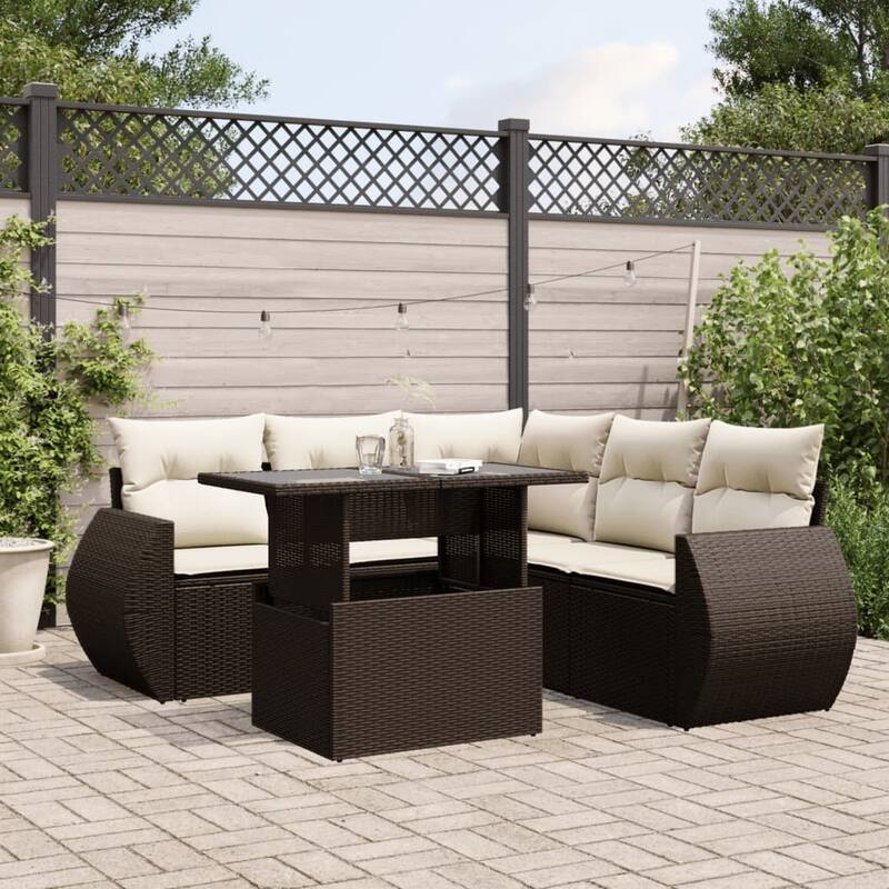 vidaXL Patio Sofa Set with Cushions Outdoor Furniture 6 Piece Poly Rattan - Brown and Cream - 21.7 x 39.4 x 27.2