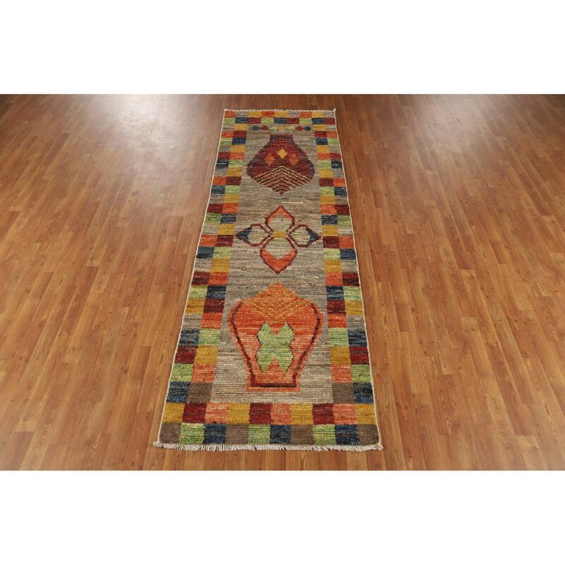 Geometric Moroccan Runner Rug Hand-Knotted Wool Carpet - 3'1" x 9'6"