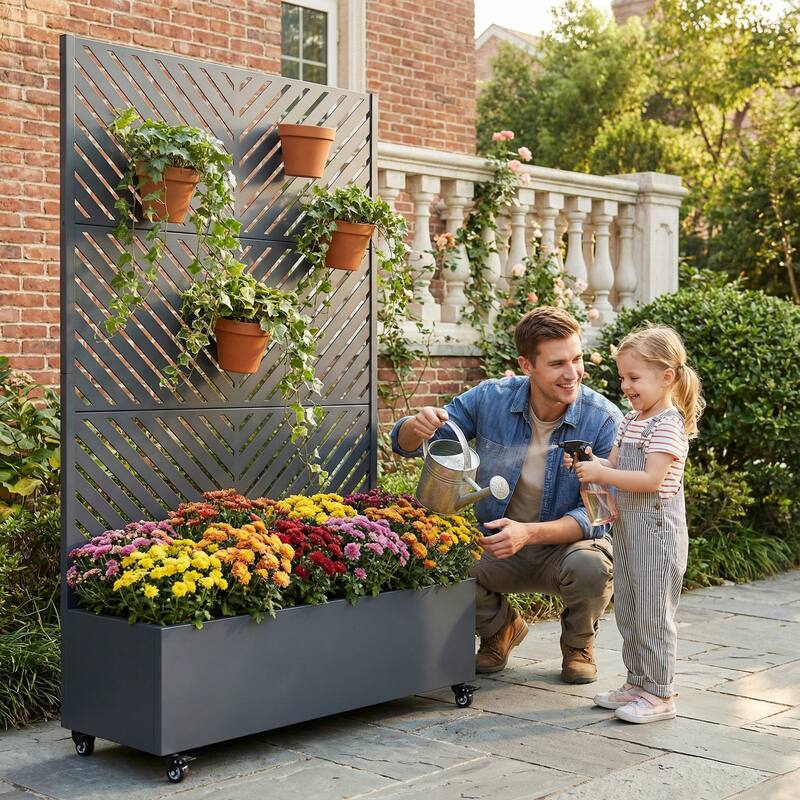 Raised Garden Bed Planter with Trellis Movable Planter Box with Lockable Wheels