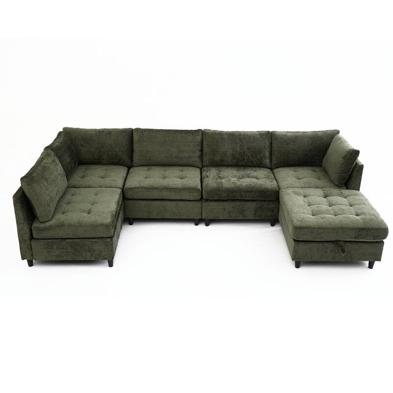 128" Chenille U-Shaped Modular Sectional Sofa with Storage Ottoman, Pocket Spring Support, and 6-Seat Configurable Design