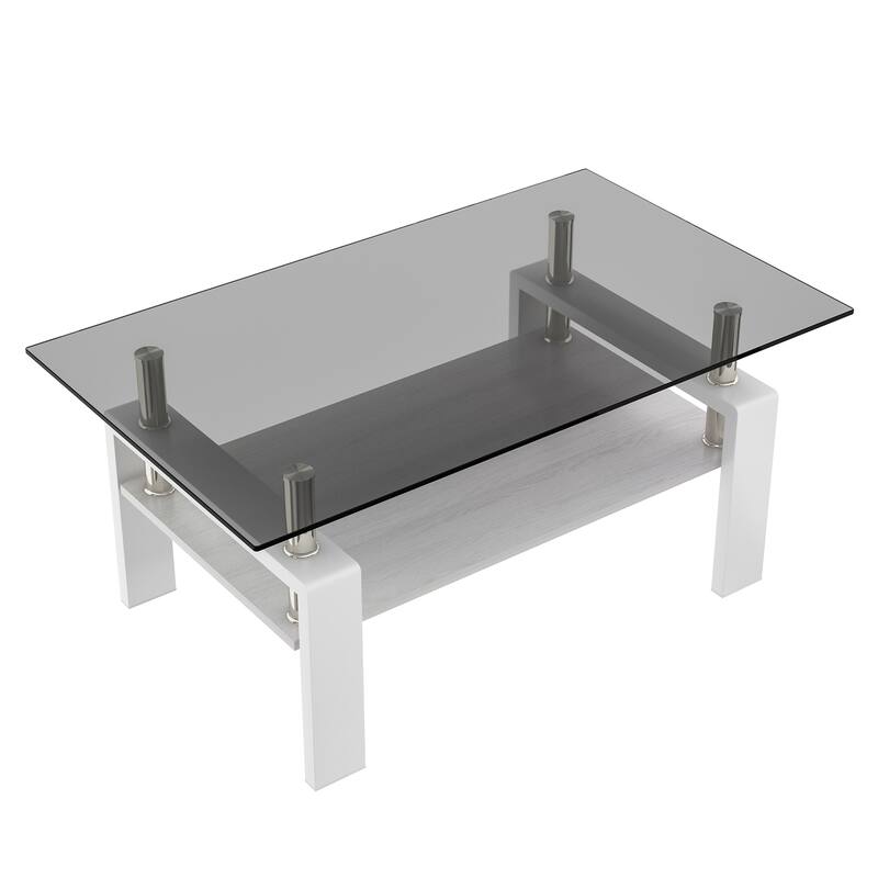 Rectangle Coffee Table, Tempered Glass Tabletop with MDF Layer, Modern Table for Living Room, Gray Glass