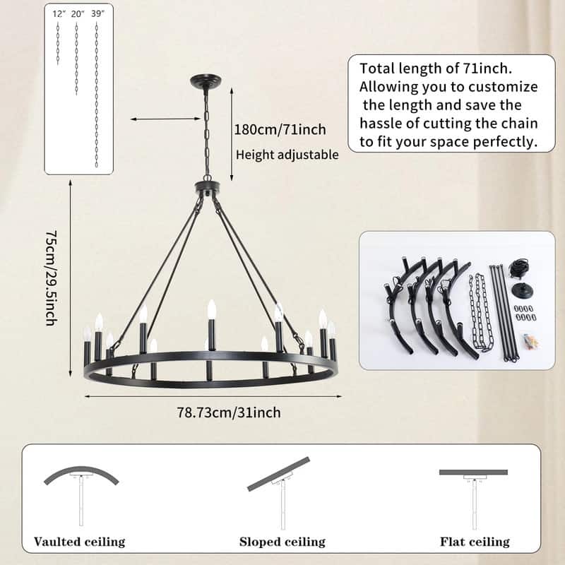 31In 12-Light Black Wagon Wheel Chandelier Farmhouse for Living Room - 31 inch