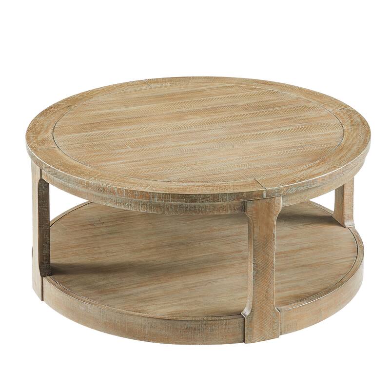 Mid-Century Rustic Style 40inch Large Curved 2 Tier Round Circle Wooden Center Coffee Table