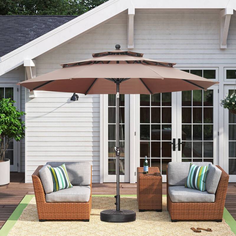 Autlaycil 10FT 3-tier Tilting Patio Umbrella With Base - Coffee