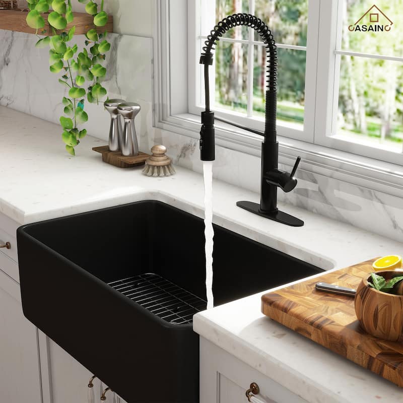 Farmhouse/Apron-Front Single Bowl Fireclay Kitchen Sink with 3-Function Pull-Down Kitchen Faucet, Grid, and Basket Strainer