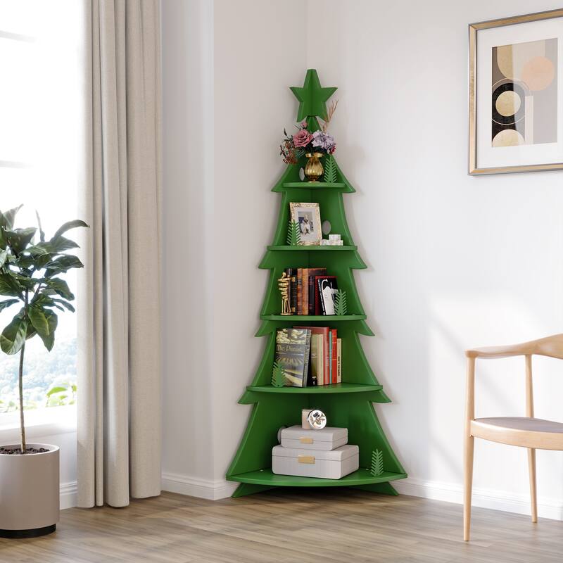 Bookshelf 5-Tier Corner Bookshelf, Solid Wood Bookcase - 71.1"