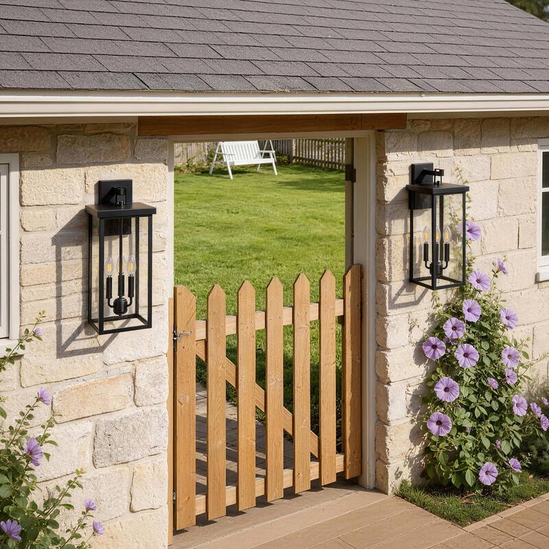 3-light Metal Outdoor Wall Sconce Candle Bulb Lantern(2-pack) - Black - Medium