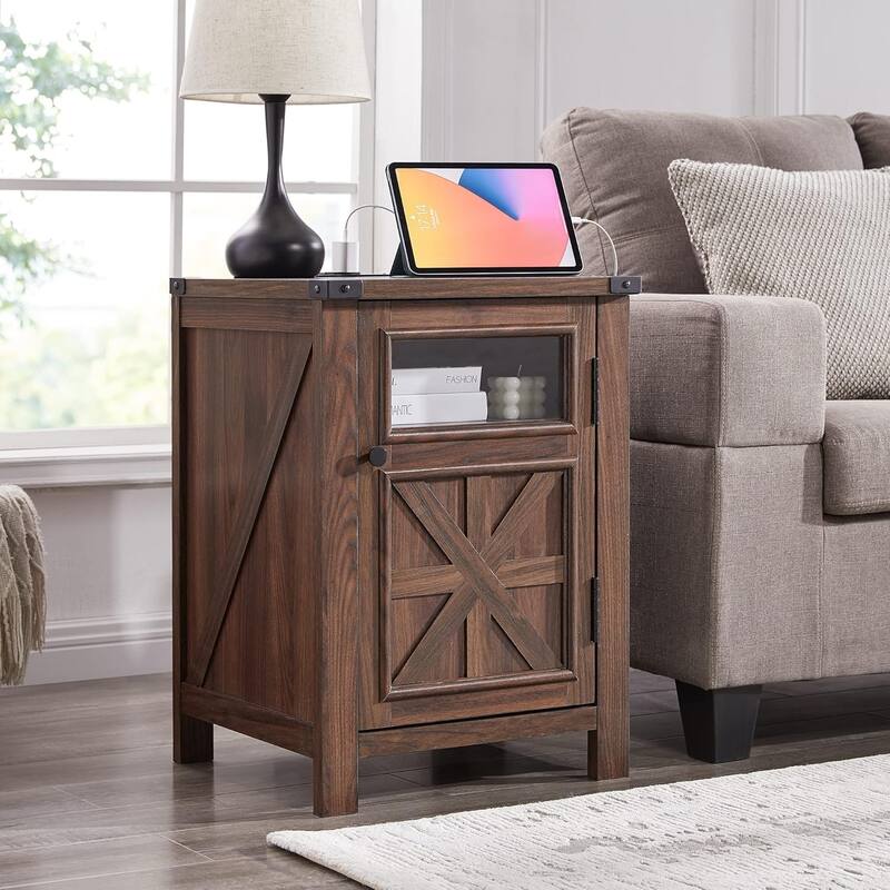 Farmhouse Nightstand with Charging Station, End Table with Barn Door