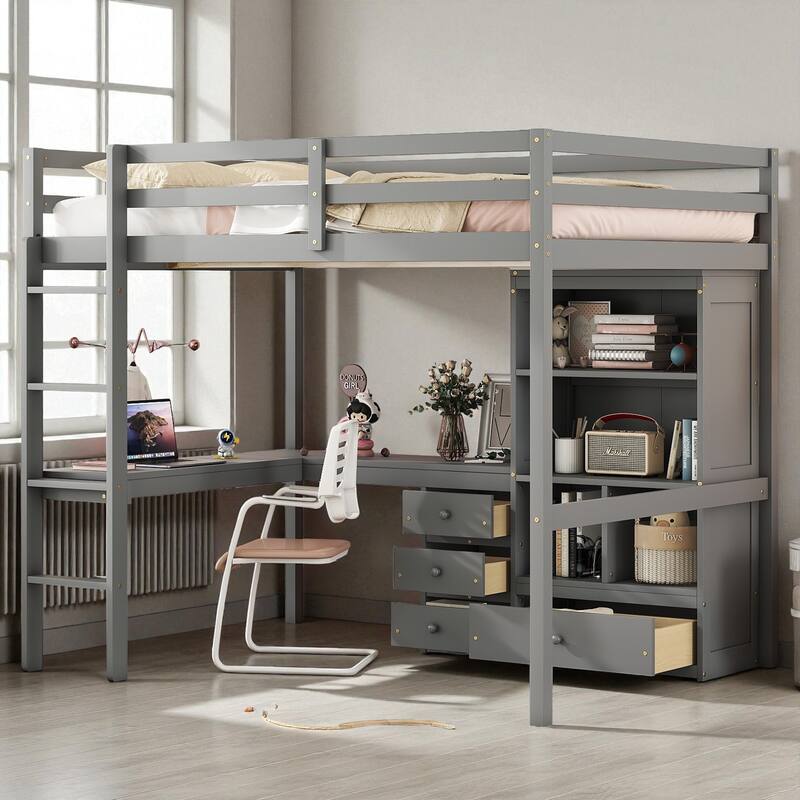 Full Size Loft Bed with Desk, Drawers and Shelves, Solid Pine Wood Frame with Built-in Ladder and Guardrails