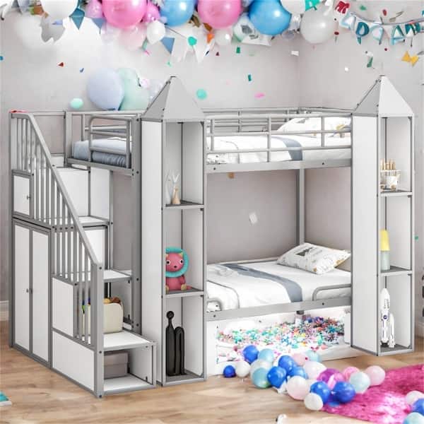 slide 2 of 12, Metal Twin over Twin Castle-shaped Bunk Bed with Wardrobe and Multiple Storage White+gray