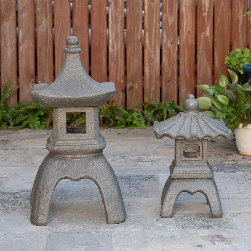 Glitzhome MGO Faux Concrete Pagoda Garden Statue Indoor and Outdoor Decoration - Set of 2