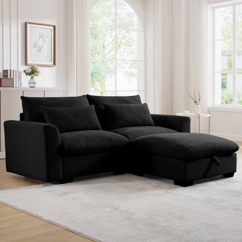 GDFStudio - Marlowe Corduroy 2 Seater Sofa with 1 Storage Ottomans and Pillows