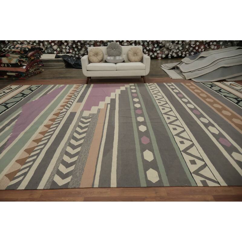 Hand Woven Oriental 100% Wool Carpet Southwestern Tribal Greys & Charcoal Kilim Area Rug - 18' 3'' X 11' 10''