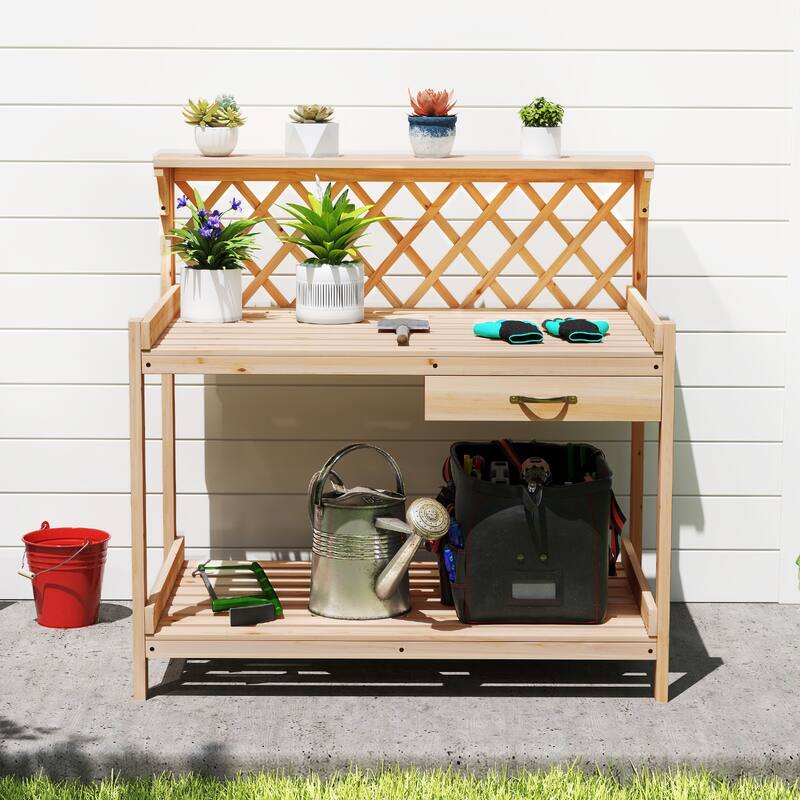 Gymax Garden Potting Bench Table w/Lattice Trellis Removable Drawer