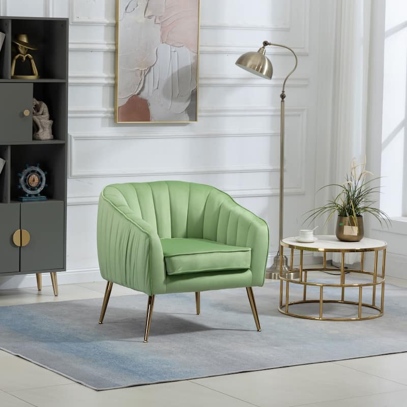 Green Velvet Modern Accent Chair with Ottoman Tufted Barrel Chair Ottoman Set for Living Room Bedroom