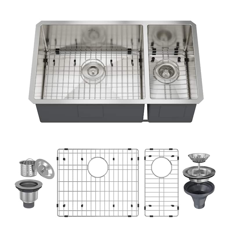 Handmade Undermount 60/40 Double Bowl 18 Gauge Stainless Steel Kitchen Sink with Bottom Grids and Basket Strainers