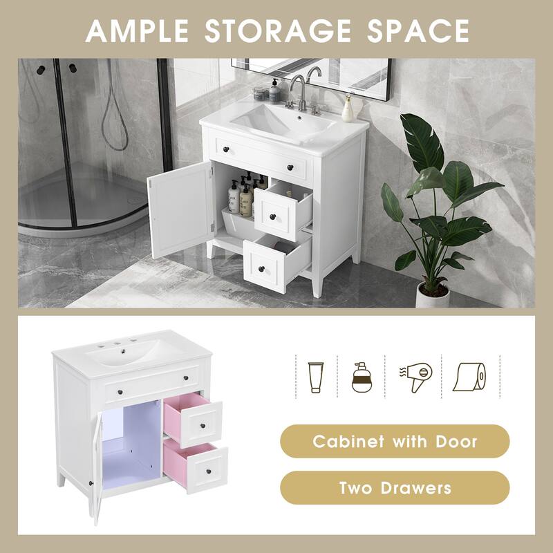 30" Bathroom Vanity with Sink Top, Bathroom Vanity Cabinet with Door and Two Drawers, Solid Wood