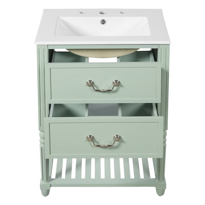 24" Bathroom Vanity with Ceramic Sink, Vintage Wave Design Cabinet with 2 Drawers and Open Shelf