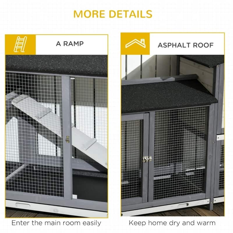 Outdoor Wooden Bunny Hutch with Run Boxes and Asphalt Roof Ramp and Removable Trays for 2-4 Rabbits